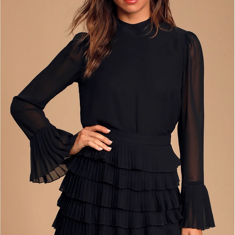 Lulus Teddy Black Sheer Chiffon Tie-Back Long Sleeve Top